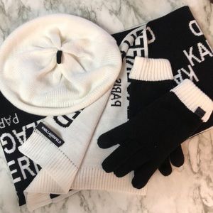 Karl Lagerfeld baret, scarf, and glove set